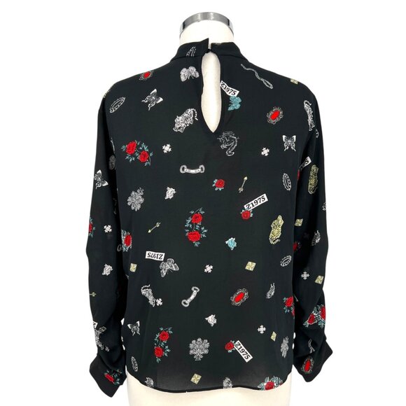 Zara High Neck Z1975 Floral Nature Animal Print Blouse Black Size Medium - Picture 7 of 11
